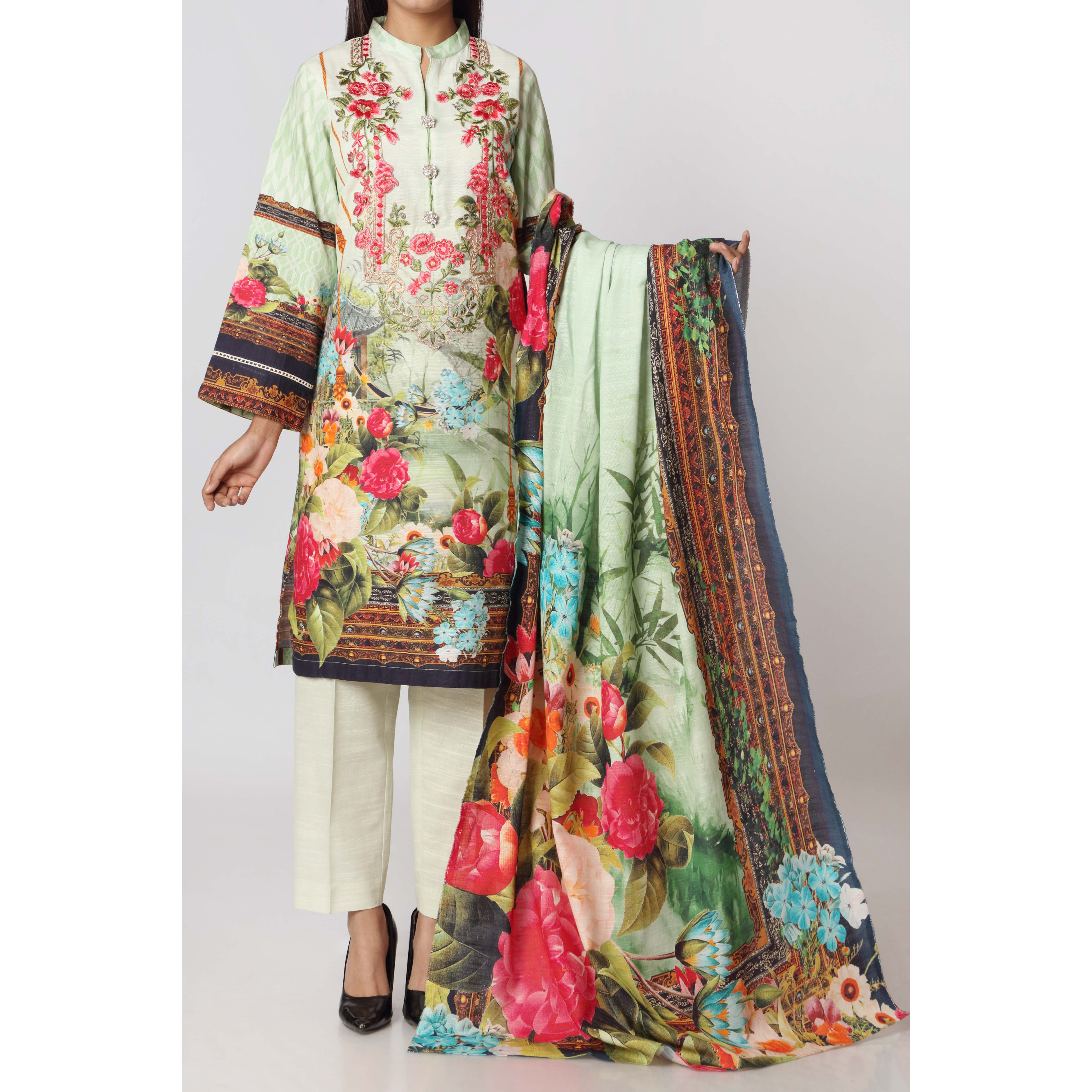 3PC- Digital Printed Khaddar Embroidered Suit  PW2204
