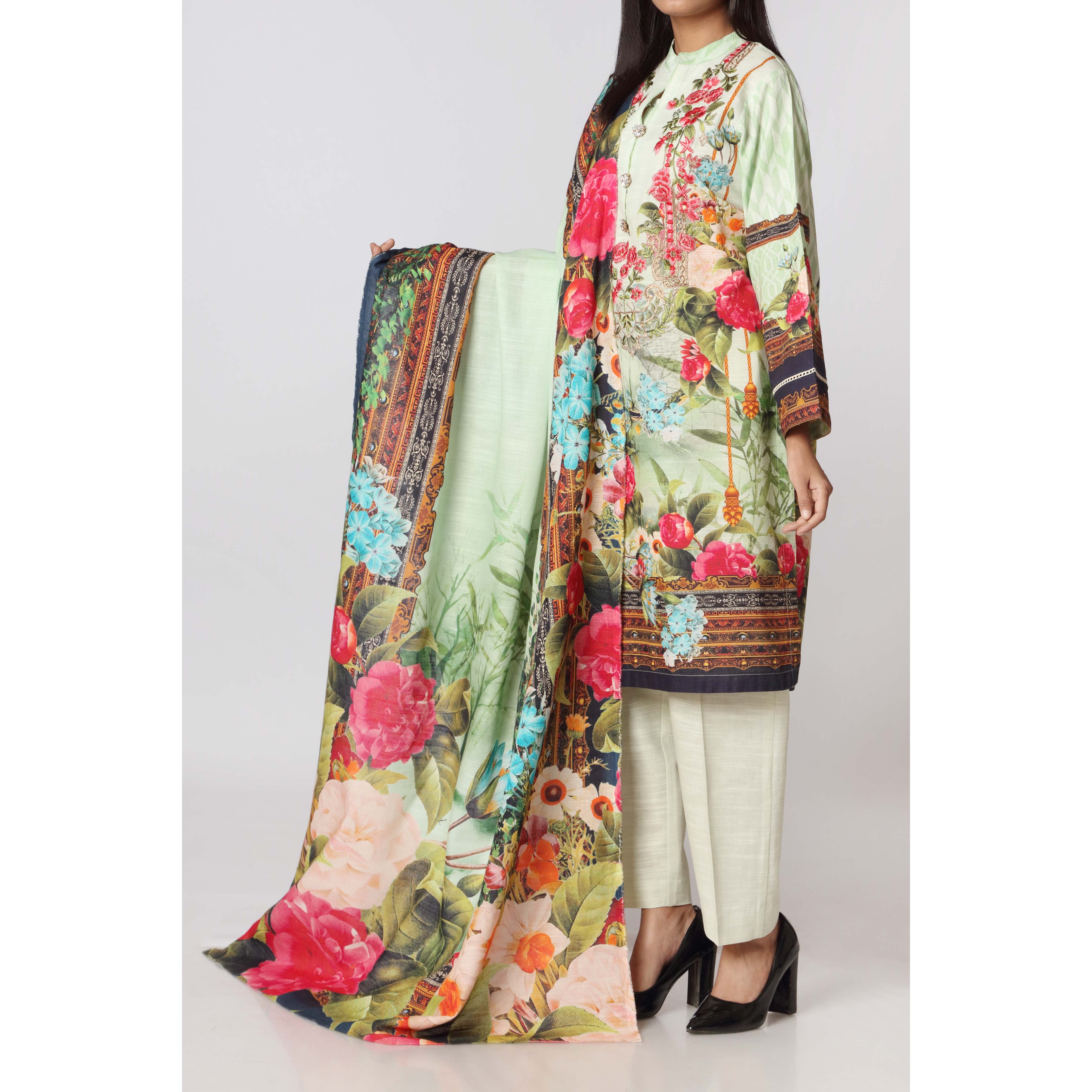 3PC- Digital Printed Khaddar Embroidered Suit  PW2204