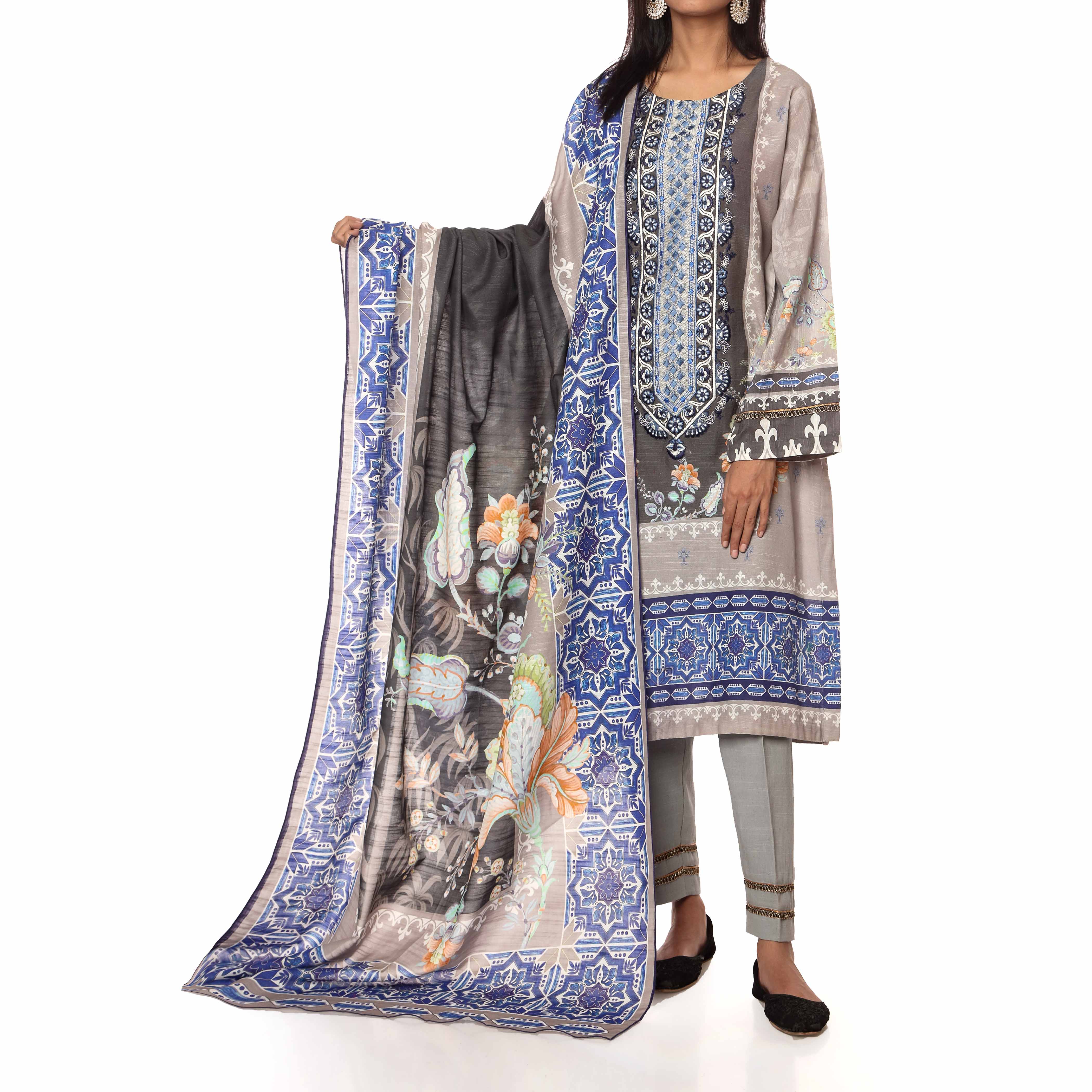 3PC- Digital Printed Khaddar Embroidered Suit PW2409