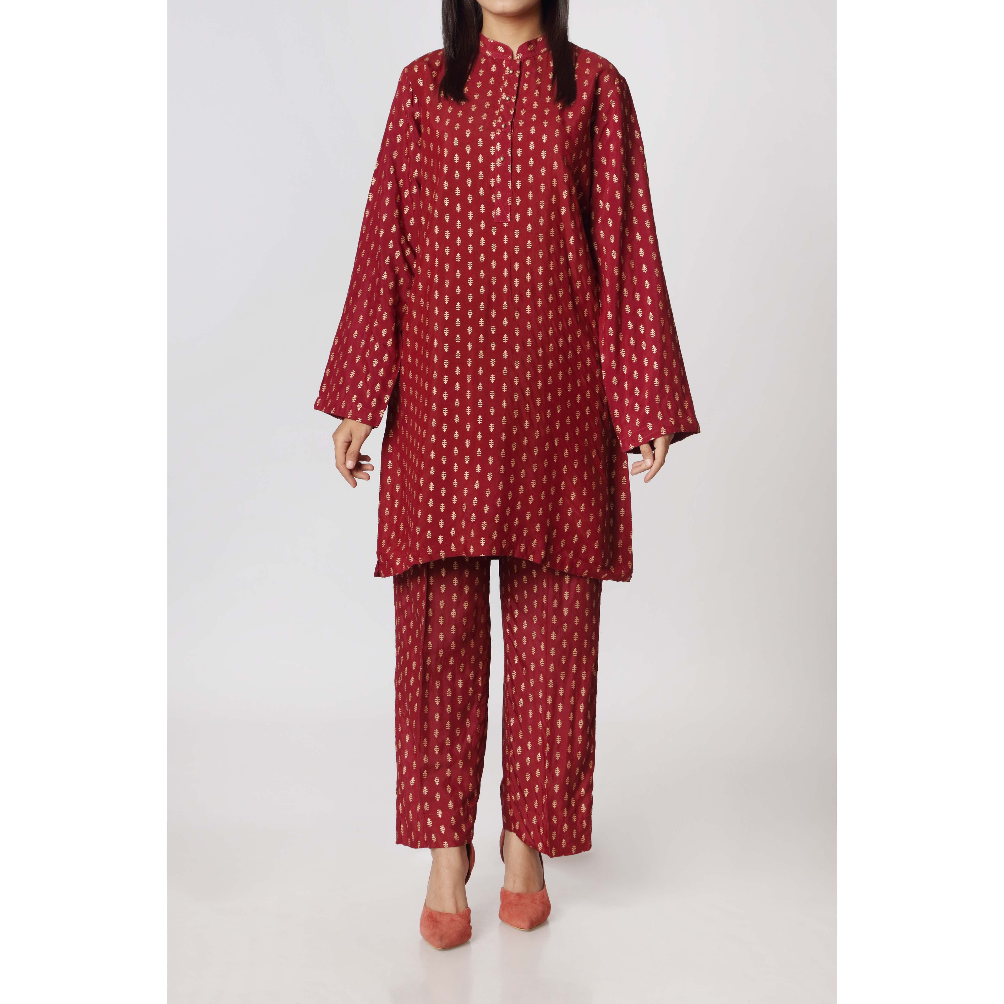 2PC- Raw Silk Golden Printed Shirt & Trouser PW2234