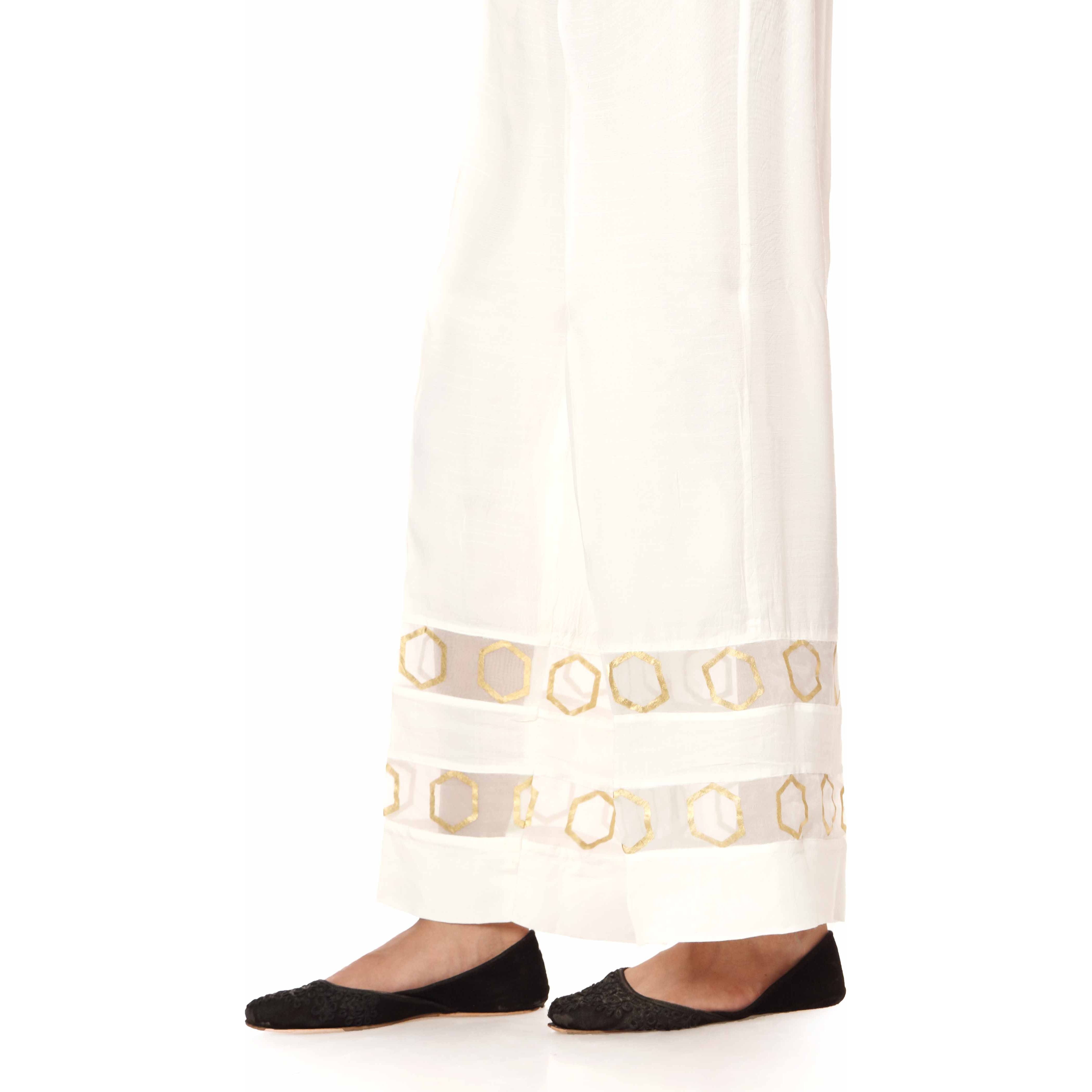 White Raw silk Embellished Straight Fit Trousers PW2501