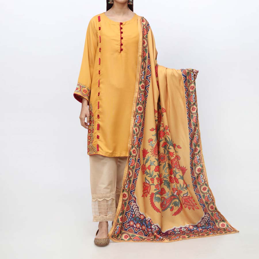 2PC- Embroidered Acrylic Shirt & Digital Printed Shawl PW3018