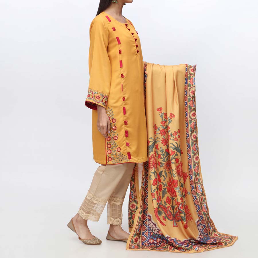 2PC- Embroidered Acrylic Shirt & Digital Printed Shawl PW3018