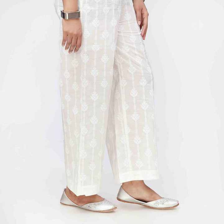 White Puff Printed Cambric Straight Trouser PW3592