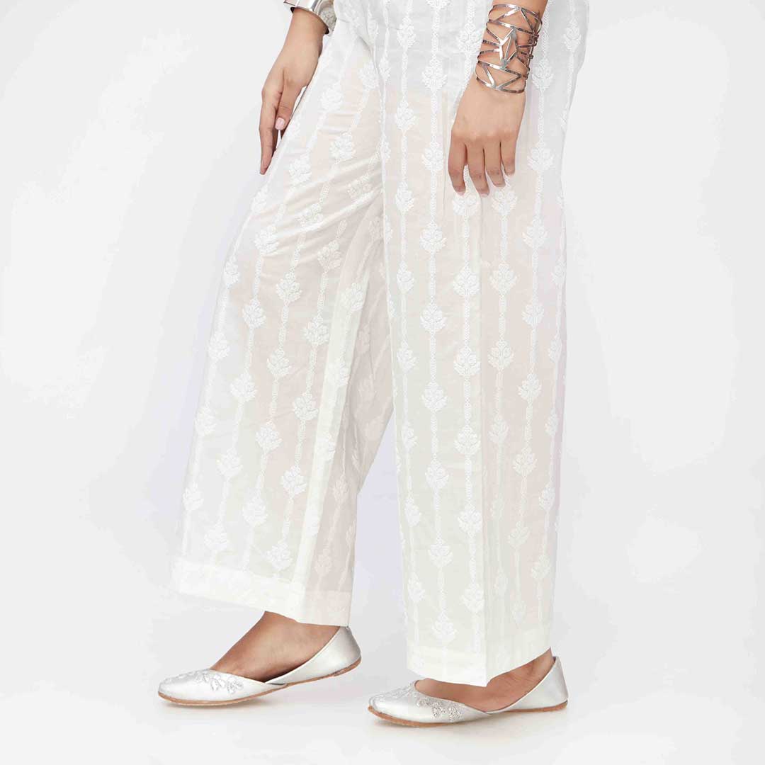 White Puff Printed Cambric Straight Trouser PW3592