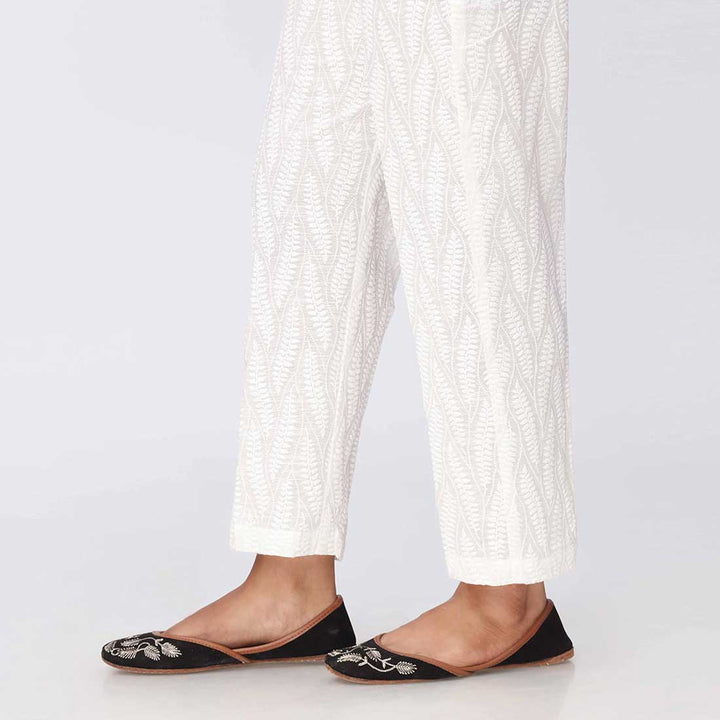 White Puff Printed Khaddar Slimfit Trouser PW3601