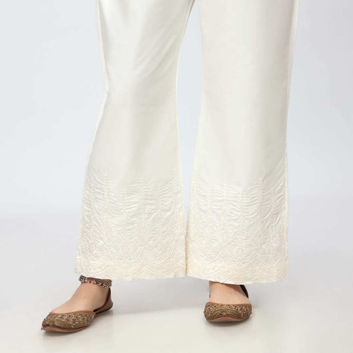 Cream Embroidered Bell Bottom Cambric Trouser PW3658