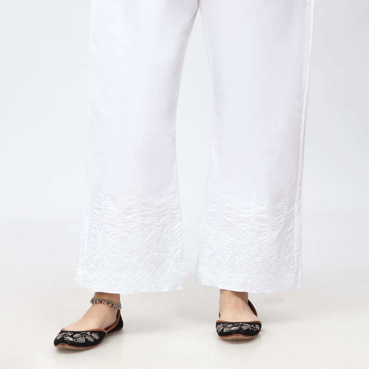 White Embroidered Bell Bottom Cambric Trouser PW3658