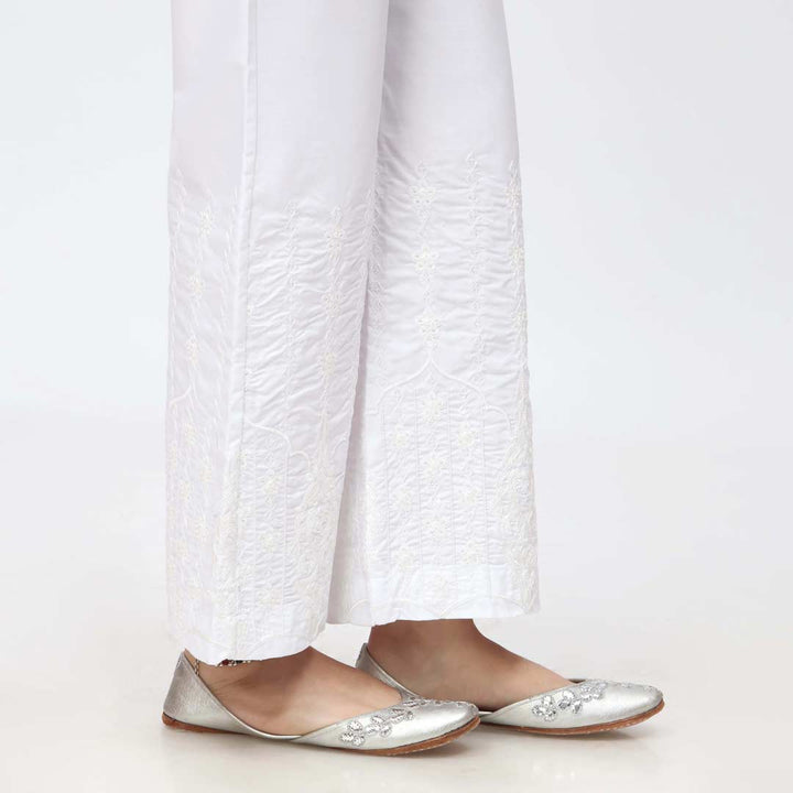 White Embroidered Bell Bottom Cambric Trouser PW3662