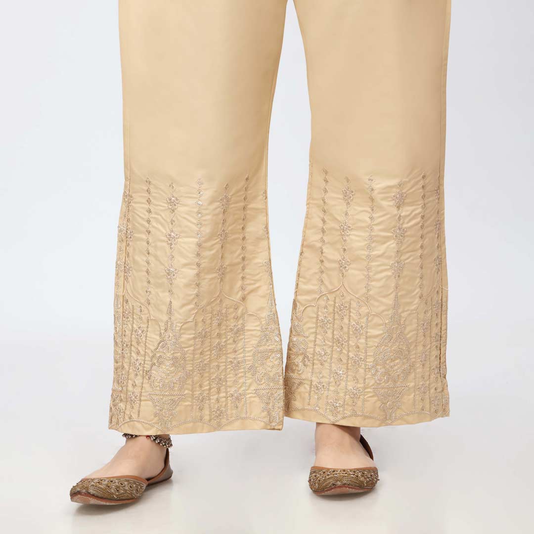 Beige Embroidered Bell Bottom Cambric Trouser PW3662