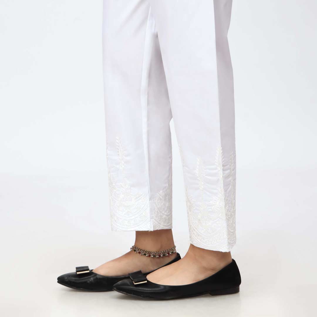 White Embroidered Cambric Slim Fit Trouser PW3671